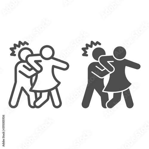 Woman defending herself from bandit line and solid icon, self defense concept, girl beats man in head with elbow sign on white background, man attacked icon in outline style. Vector graphics. photo