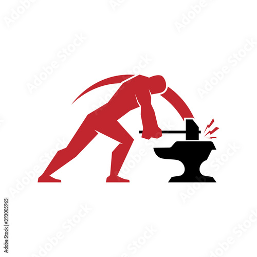 simple modern blacksmith swinging a hammer on an anvil forging metal vector icon