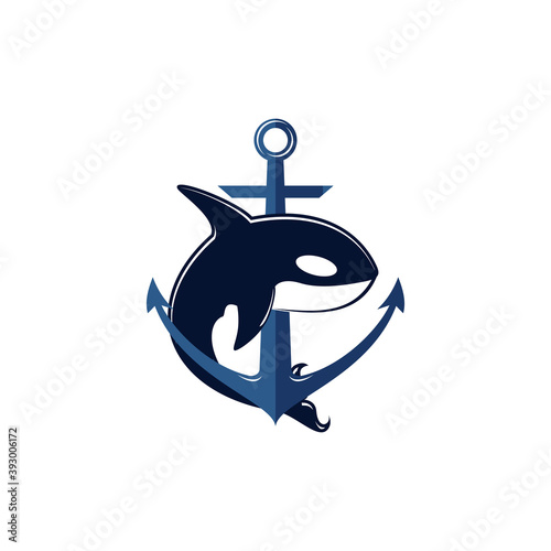 simple modern orca killer whale and ship anchor vector icon