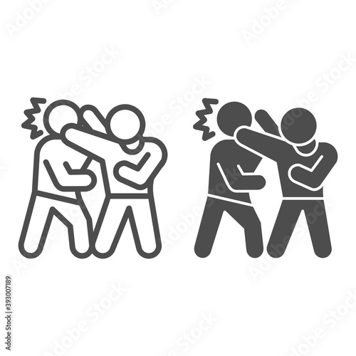 Man defending herself from bandit line and solid icon, self defense concept, boy beats man in head sign on white background, criminal attacks guy icon in outline style for web design. Vector graphics.
