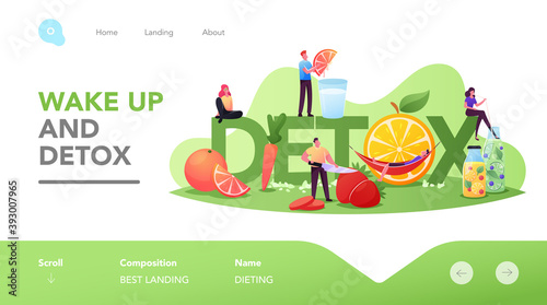 Detox Diet Landing Page Template. Tiny Characters Cooking and Drinking Smoothies of Fresh Organic Fruits and Vegetables