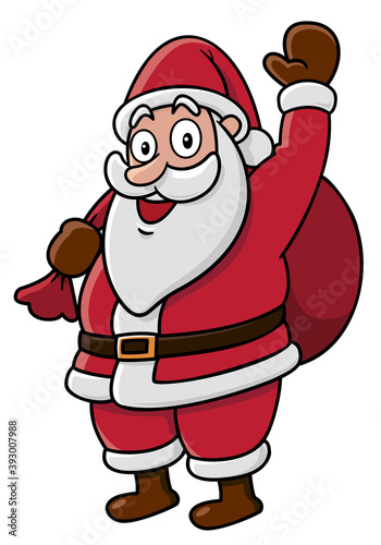 Santa claus standing and waving at camera, He is carrying a bag.