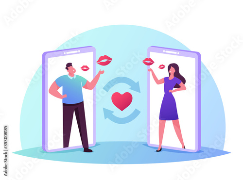 Young Male and Female Characters on Huge Smartphone Screens Send Air Kisses to Each Other. Man and Woman Dating Online