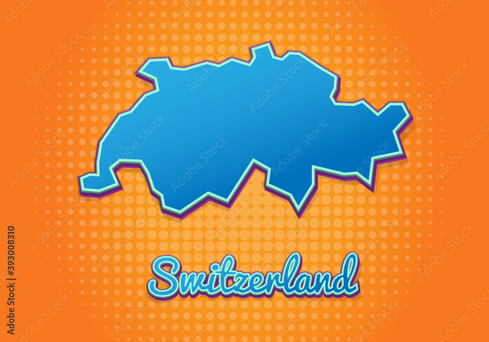 Obraz premium Retro map of Switzerland with halftone background. Cartoon map icon in comic book and pop art style. Cartography business concept. Great for kids design,educational game,magnet or poster design.