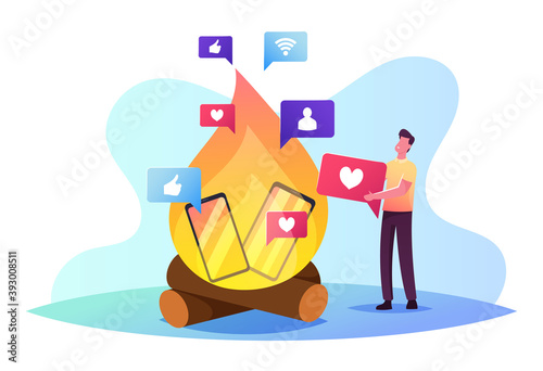 Man Throw Gadgets in Fire Refuse from Phone and Online Addiction, Spend Free Time Offline. Character Rejection of Device