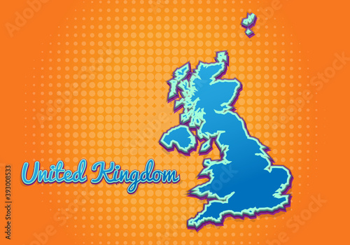 Retro map of United Kingdom with halftone background. Cartoon map icon in comic book and pop art style. Cartography business concept. Great for kids design educational game magnet or poster design.
