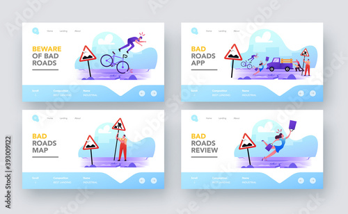 Characters on Bad Road Landing Page Template Set. City Dwellers Get in Troubles on Broken Highway. Woman Stumble