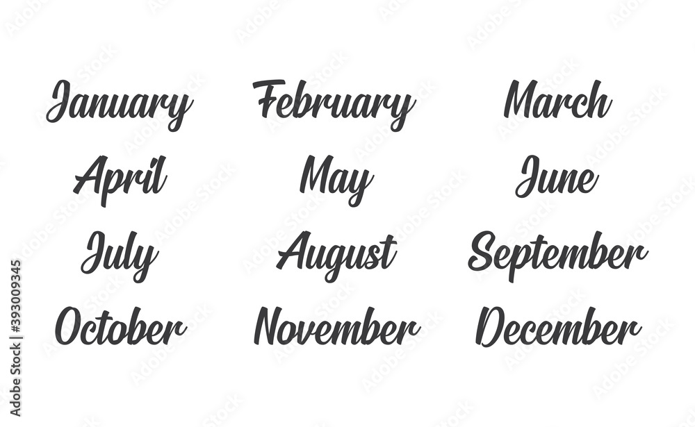 Obraz premium Handwritten names of months: December, January, February, March, April, May, June, July, August, September, October, November. Calligraphy words for calendars and organizers.
