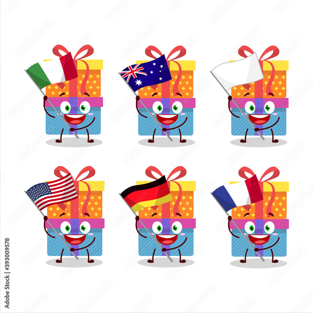 Double box gift cartoon character bring the flags of various countries Double box gift cartoon character bring the flags of various countries