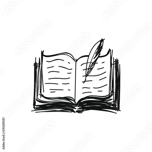 Opened book with feather pen, poetry scribble doodle style rough sketch, isolated on white, vector graphic illustration. Design for stickers, logo, web and mobile app.