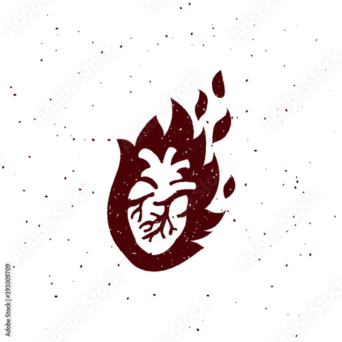 Hot heart burning in fire, vintage retro badge for t-shirt apparel clothing print, isolated on white background vector graphic illustration art. Design for stickers, logo, web and mobile app.