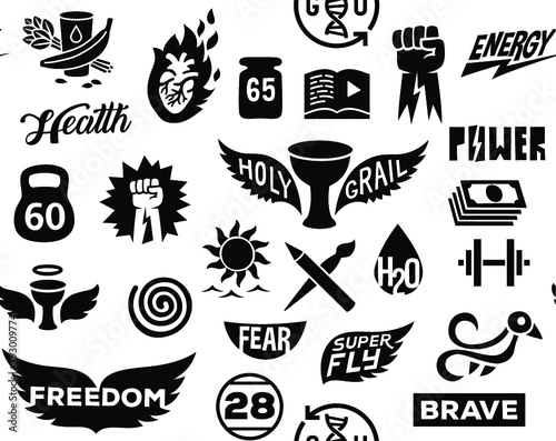 Simple vital emblems badges set icons seamless pattern, isolated vector graphic shape logotype illustrations. Design for web and mobile app.