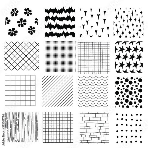 Different seamless textures set, black and white pattern. Isolated vector monochrome illustration. Design for web and mobile app.