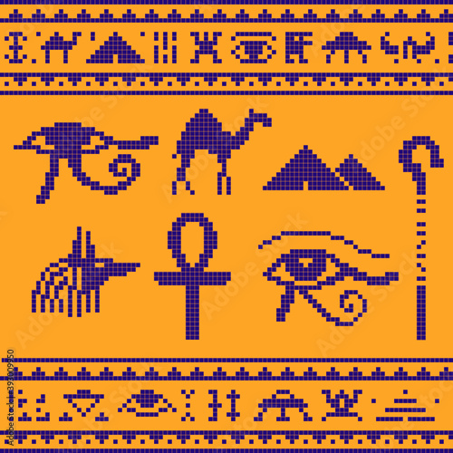 Egypt theme ornament knitting seamless pattern for cross stitch, pixel art style vector illustration.