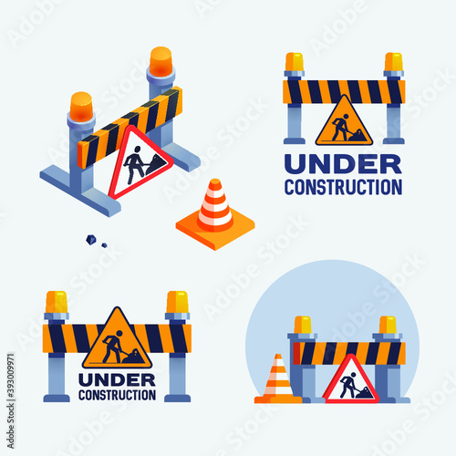 Under construction logos set, islated vector badges illustrations. Design for stickers, logo, web and mobile app.