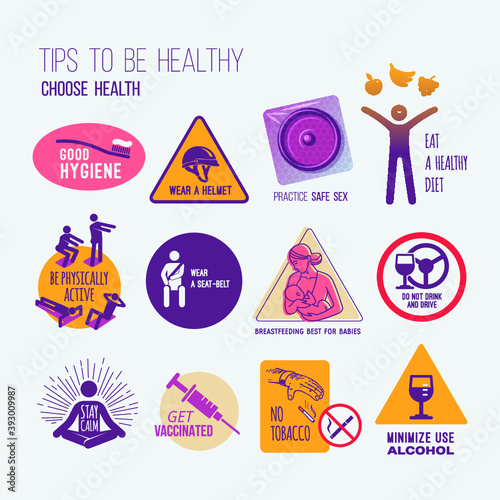 Tips to be healthy, choose health, isolated vector illustrations emblems set. Isolated vector illustration. Design for stickers, logo, web and mobile app.