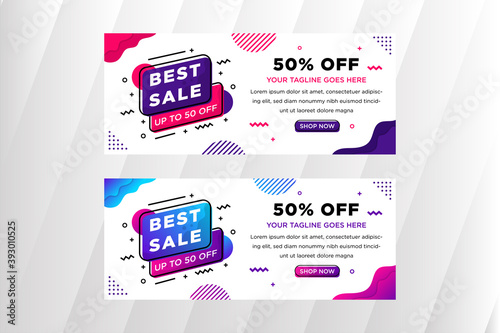 Big sale banner design template with horizontal flyer. liquid style with flat and gradient variation colors. white background with mamphis ornament. photo