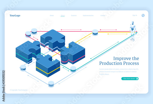 Production process improve isometric landing page, leverage connect puzzle pieces and artificial intelligence robot. Teamwork solutions, business team cooperation 3d vector illustration, web banner