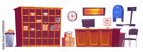 Post office interior stuff, furniture reception desk with computer and schedule, clock, parcels on shelves and scales, mail box and litter bin. Delivery service postage cartoon vector illustration set