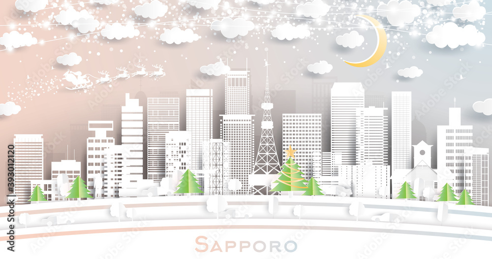 Sapporo Japan City Skyline in Paper Cut Style with Snowflakes, Moon and Neon Garland.