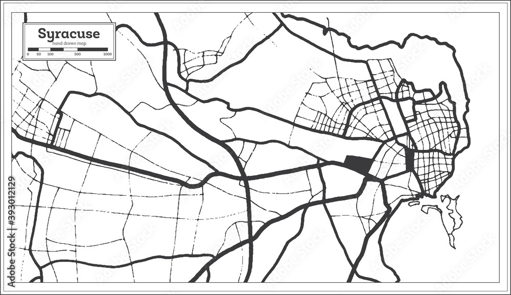 Syracuse Italy City Map in Black and White Color in Retro Style. Outline Map.