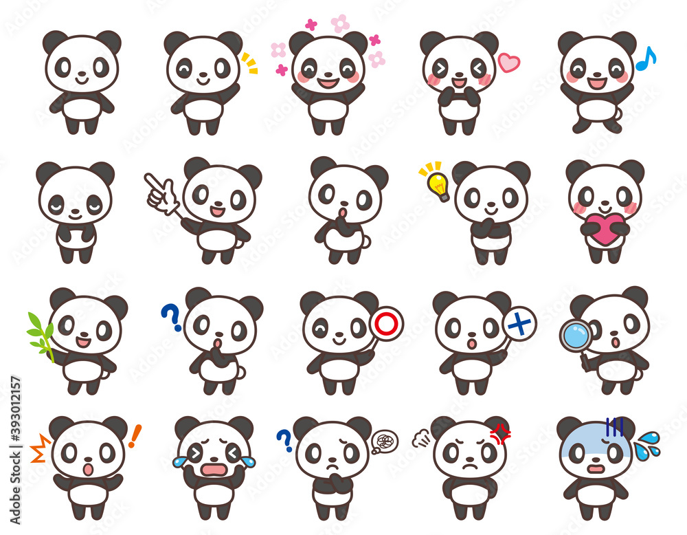 パンダのかわいいキャラクターセット(背景・白フチあり)-Panda cute character set