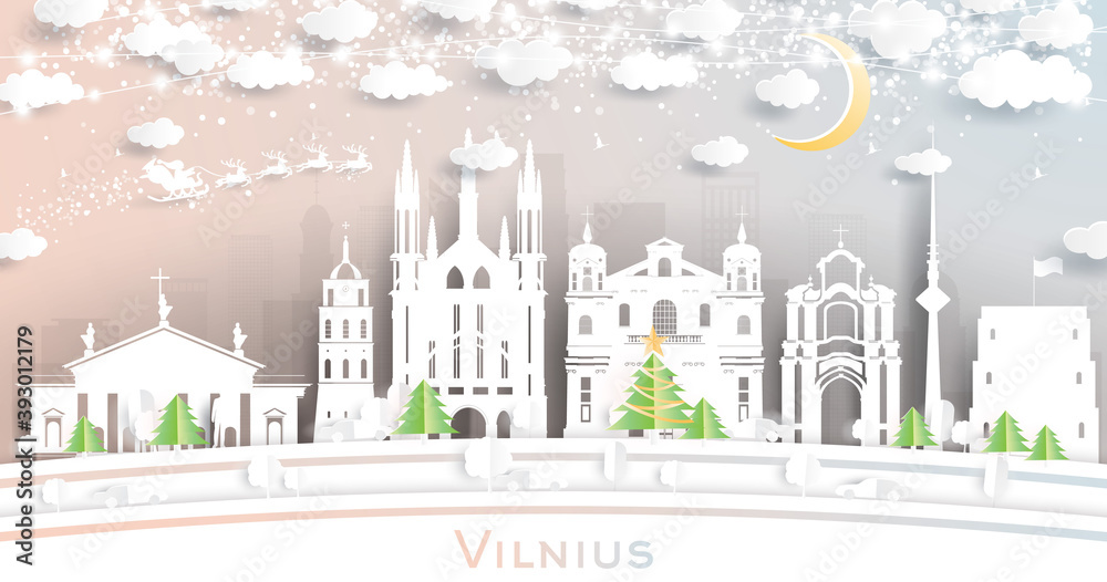 Vilnius Lithuania City Skyline in Paper Cut Style with Snowflakes, Moon and Neon Garland.