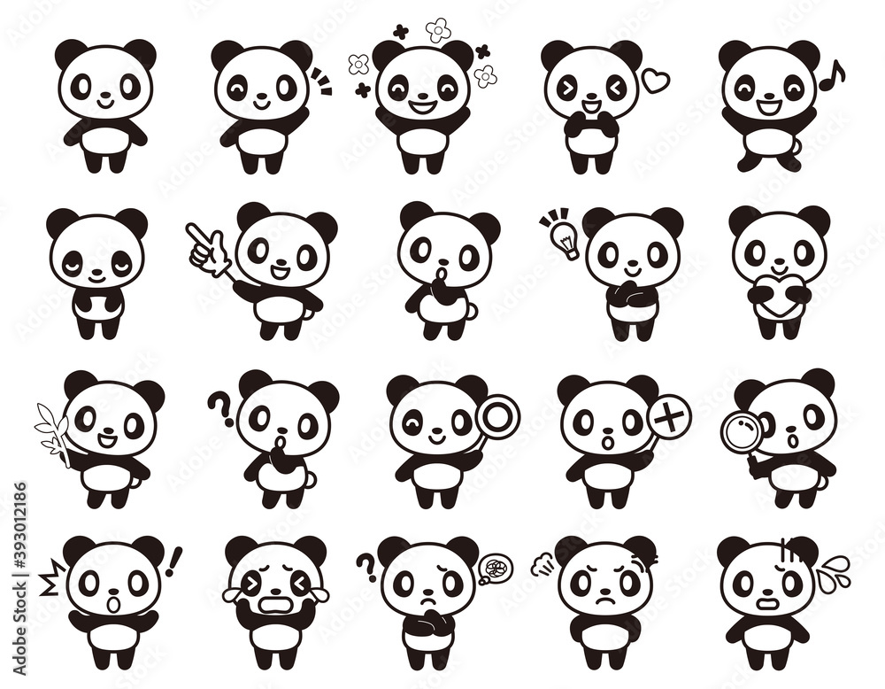 パンダのかわいいキャラクターセット(背景・白フチあり)-Panda cute character set パンダのかわいいキャラクターセット(背景・白フチあり)-Panda cute character set