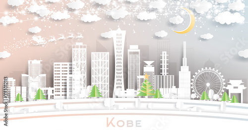 Kobe Japan City Skyline in Paper Cut Style with Snowflakes  Moon and Neon Garland.