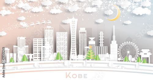 Kobe Japan City Skyline in Paper Cut Style with Snowflakes, Moon and Neon Garland.