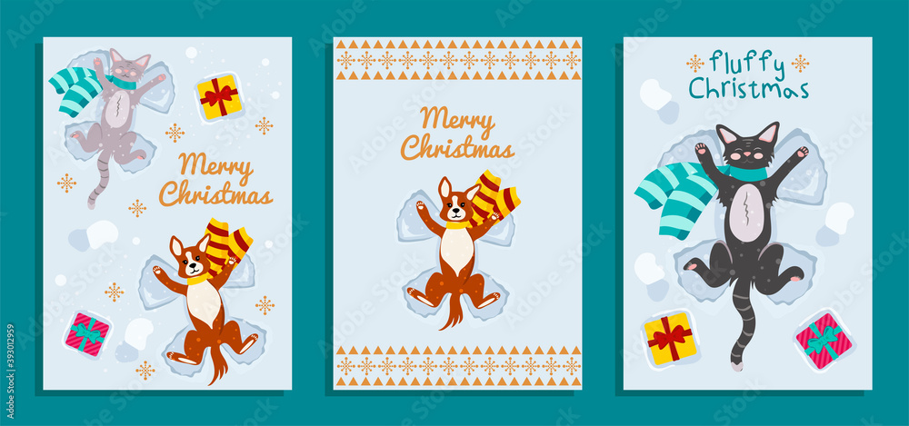 Merry Christmas. Set of vector greeting card templates with funny animals. Cute Cat and dog lie on the snow and make a snow angel. Merry Christmas. Set of vector greeting card templates with funny animals. Cute Cat and dog lie on the snow and make a snow angel.