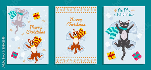 Merry Christmas. Set of vector greeting card templates with funny animals. Cute Cat and dog lie on the snow and make a snow angel.