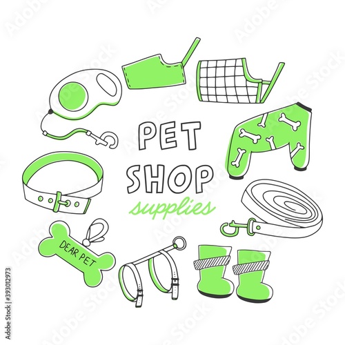 Vector animal supplies. Set of hand drawn icons - tag, comb, overalls, collar, bowl, bone, tape, leash, muzzle. Pet shop concept with text, isolated on white background