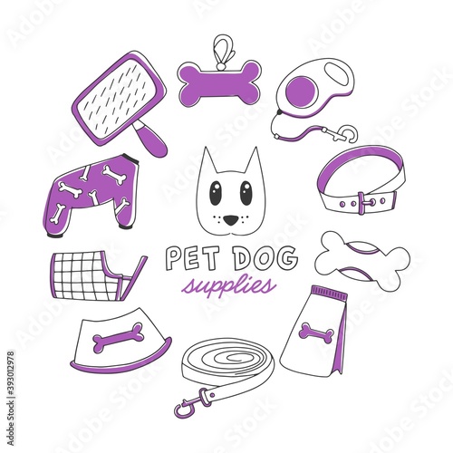 Vector dog supplies. Set of hand drawn icons - feed, tag, comb, overalls, collar, bowl, bone, tape, leash. Pet shop concept with text, isolated on white background