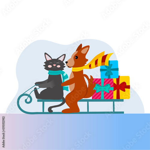 A cat and a dog sit on a sled and carry gifts. Vector illustration for New year and Christmas. Cute Pets in cartoon style