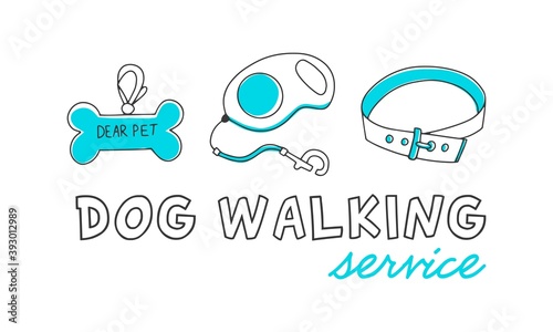 Vector logotype, isolated on white background. Hand drawn icons - dog tag, leash tape, collar. Text - dog walking service