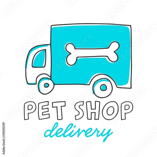 Vector logotype for online pet shop, delivery service. Hand drawn car with a bone. Emblem with text, isolated on white background