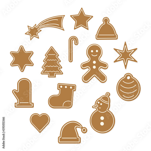 Set of Christmas gingerbread - sock, snowflake, snowman, gingerbread man, hat, heart, Christmas tree. Vector stock illustration. Isolate on a white background