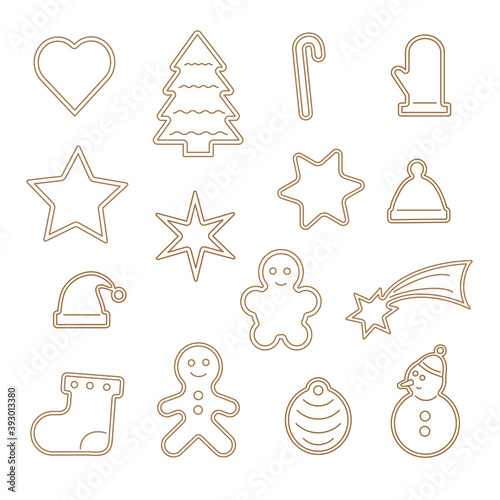 Set of silhouettes of Christmas gingerbread - sock, snowflake, snowman, gingerbread man, hat, heart, New Year tree. Vector stock illustration. Isolate on a white background
