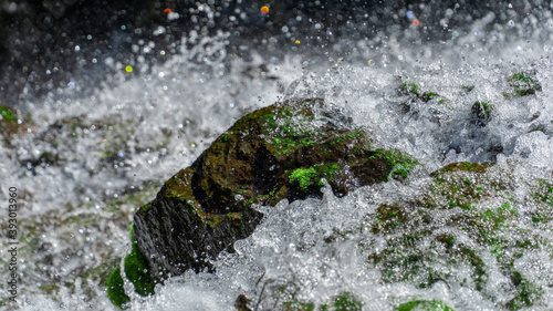 Splash of water on the mossy rock