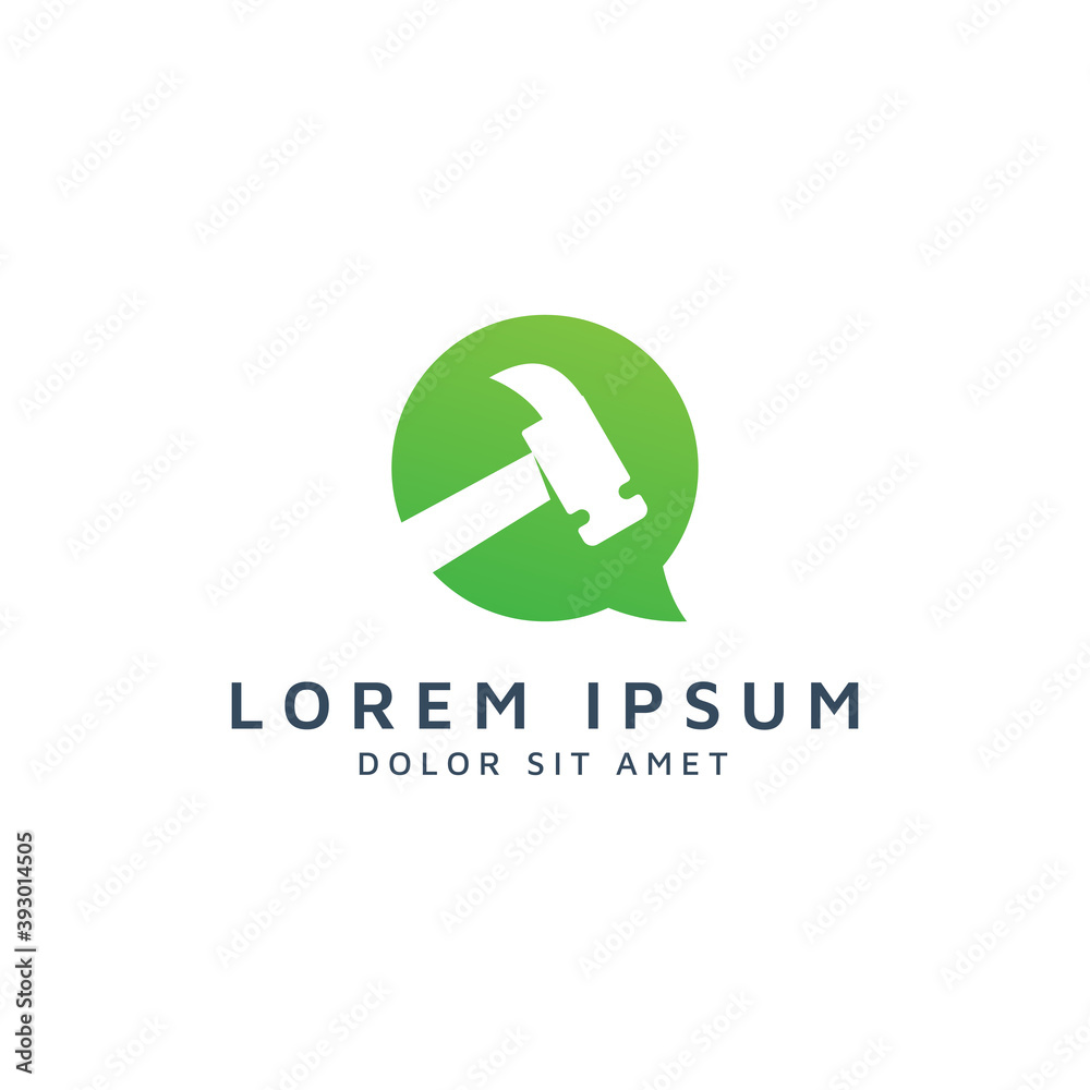 chat and hammer negative space logo design chat and hammer negative space logo design