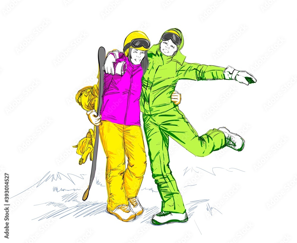 The Graphic Portrait of Two Girls. Sketch of Snowboarder and Skier. Freehand Vector Illustration. Free Hand Drawing. Extreme Winter Sports. Beautiful Sporty Ladies. Active Lifestyle. The Graphic Portrait of Two Girls. Sketch of Snowboarder and Skier. Freehand Vector Illustration. Free Hand Drawing. Extreme Winter Sports. Beautiful Sporty Ladies. Active Lifestyle.