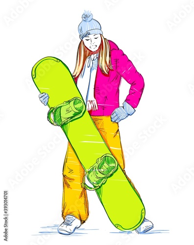 Sketch of Snowboarder Woman on a White Background Isolated. Vector Illustration. Freehand Drawing. Free Hand Draw. Extreme Winter Sports. Beautiful Sporty Girl. Sketched Snowboard Rider. Linear Design