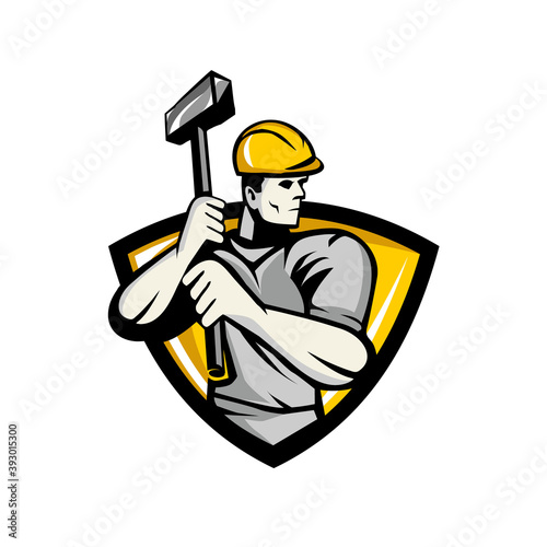 construction worker holding a hammer badge shield vector icon