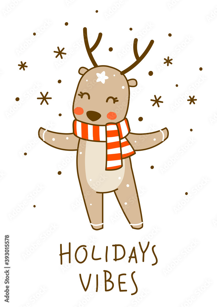 Fototapeta premium Cute little deer wearing red striped scarf isolated on white background - cartoon character for funny Christmas and New Year winter greeting card and poster design
