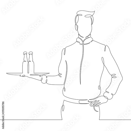 Male waiter with a tray of food drinks at work in a cafe restaurant.