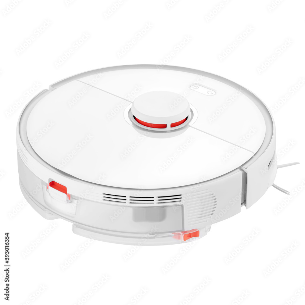 White Robot Vacuum Isolated on White. Modern Autonomous Smart Robotic  Vacuum Cleaner or Roomba. Self-Drive Cleaning Robot. Floor Cleaning System.  Small Household & Domestic Appliances Top Side View foto de Stock