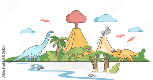 Dinosaurs landscape scene with jurassic humans and animals outline concept