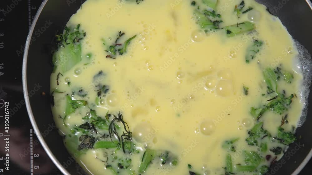 cooking fried eggs in a pan with broccoli. Omelette for Breakfast. healthy food cooking fried eggs in a pan with broccoli. Omelette for Breakfast. healthy food