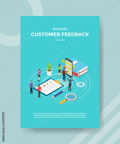 Customer feedback people give rate rank app on smartphone for template of banner and flyer for printing magazine cover and poster with flat cartoon style